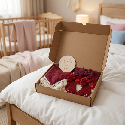 Baby Pflege Geschenkbox – Handtuch, Socken oder Haarband & Badebürste für Neugeborene