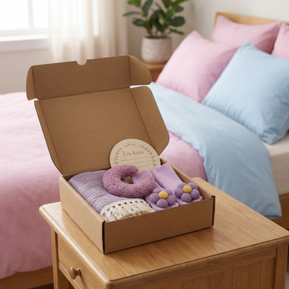 Baby Pflege Geschenkbox – Handtuch, Socken oder Haarband & Badebürste für Neugeborene