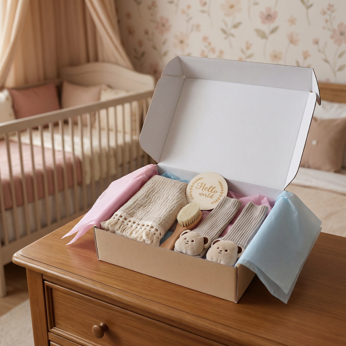 Baby Pflege Geschenkbox – Handtuch, Socken oder Haarband & Badebürste für Neugeborene