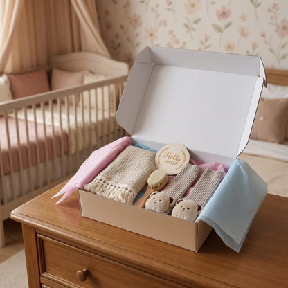 Baby Pflege Geschenkbox – Handtuch, Socken oder Haarband & Badebürste für Neugeborene