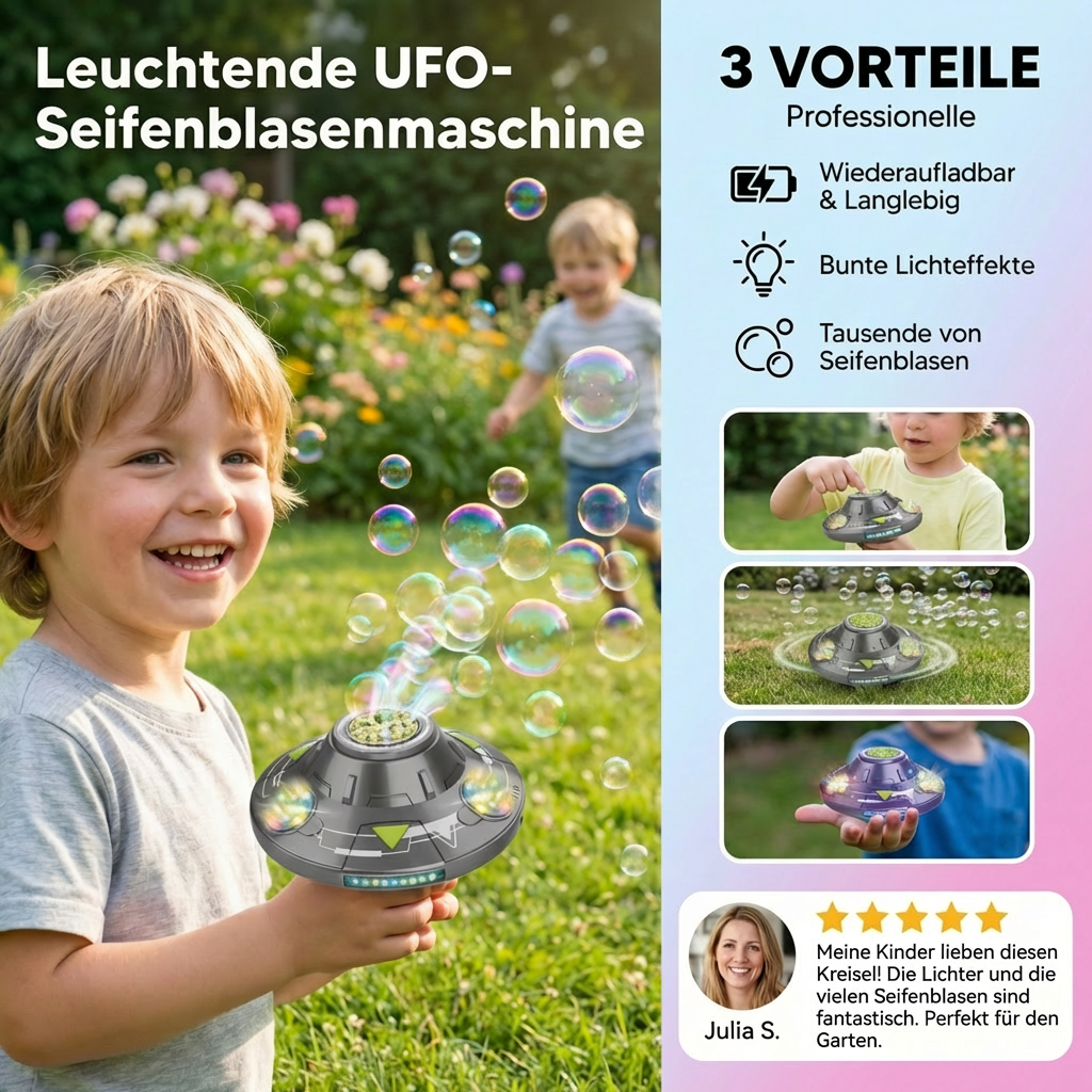 Leuchtende UFO-Seifenblasenmaschine für Kinder – Wiederaufladbarer Blasen Kreisel mit Lichteffekten