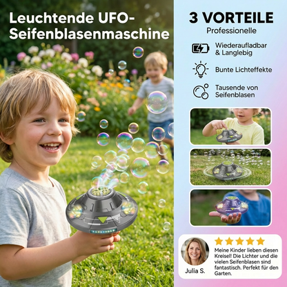 Leuchtende UFO-Seifenblasenmaschine für Kinder – Wiederaufladbarer Blasen Kreisel mit Lichteffekten