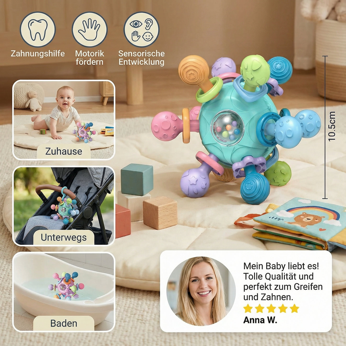 Sensorischer Baby-Greifball mit Silikon Beißhilfe und Rassel