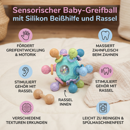 Sensorischer Baby-Greifball mit Silikon Beißhilfe und Rassel