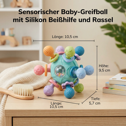 Sensorischer Baby-Greifball mit Silikon Beißhilfe und Rassel