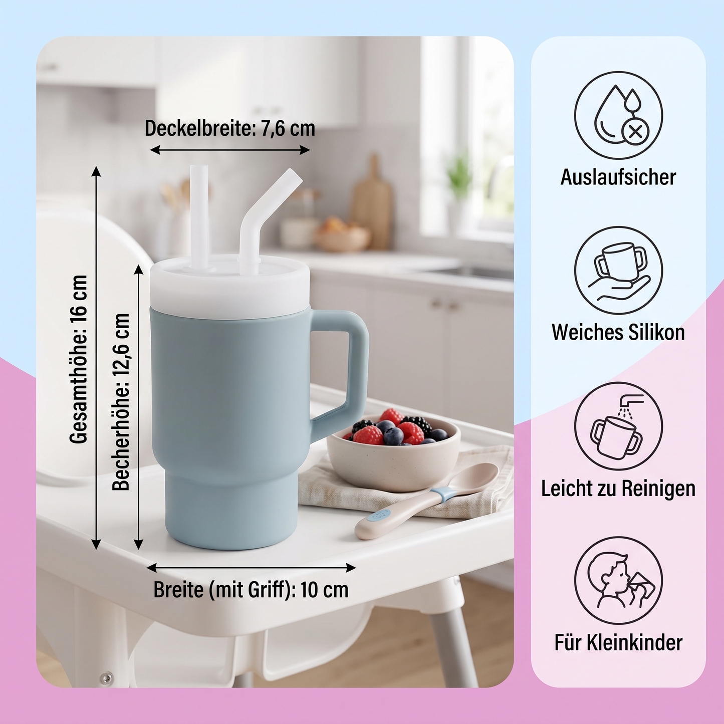 Auslaufsicherer Silikon-Trinkbecher mit Strohhalm für Kleinkinder