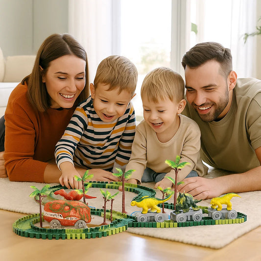 Dinosaurier Strecken Abenteuer – Flexible Rennbahn mit leuchtendem Zug