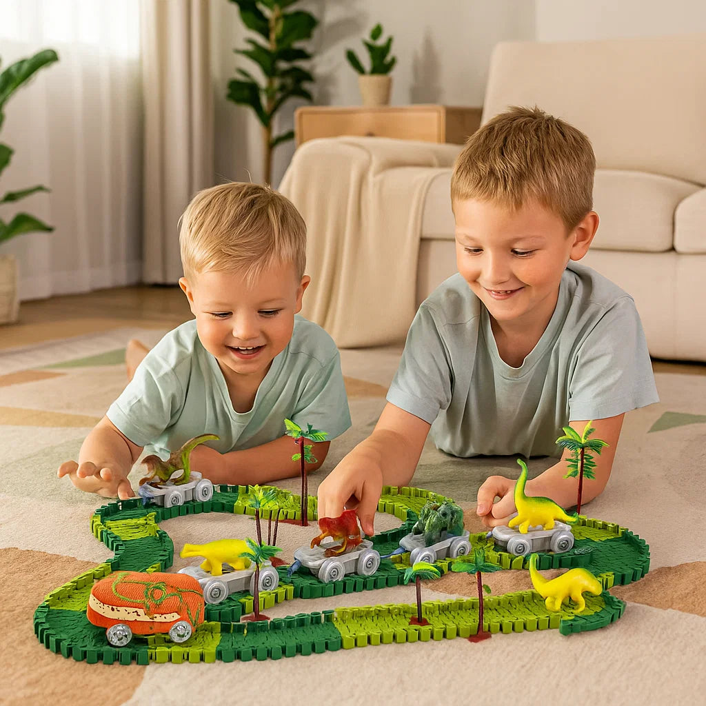 Dinosaurier Strecken Abenteuer – Flexible Rennbahn mit leuchtendem Zug