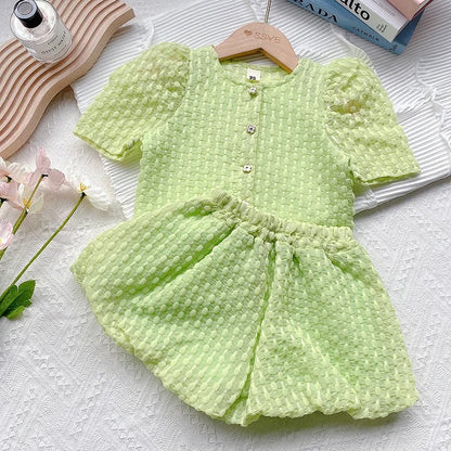 Trendy & Stylisches Sommer-Set für Mädchen – T-Shirt mit Puffärmeln und Shorts in Grün und Gelb