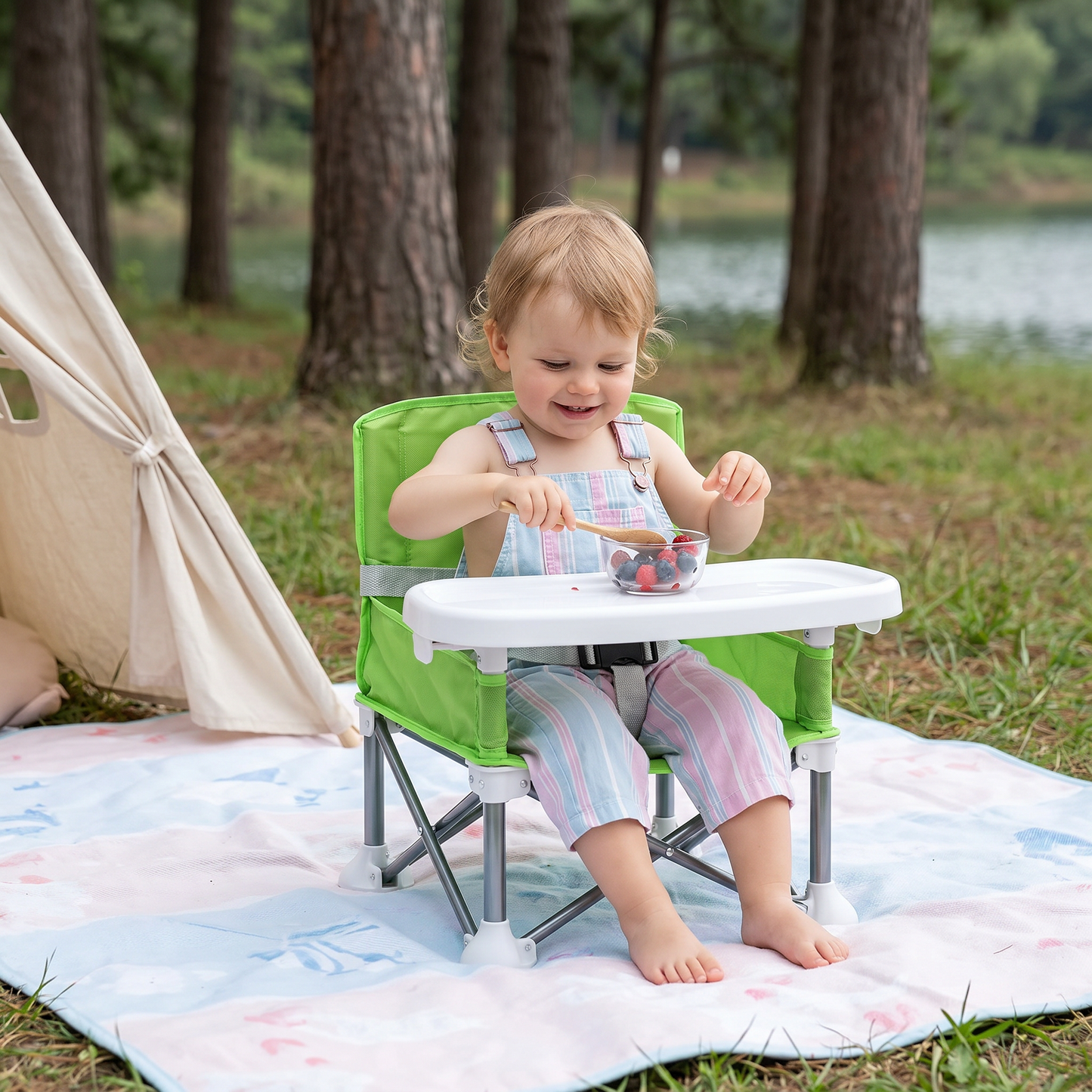 Faltbarer Baby Campingstuhl mit Tablett für Unterwegs