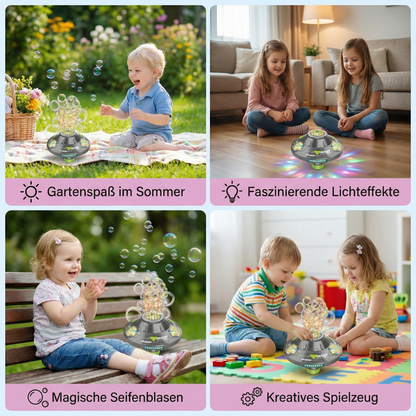 Leuchtende UFO-Seifenblasenmaschine für Kinder – Wiederaufladbarer Blasen Kreisel mit Lichteffekten
