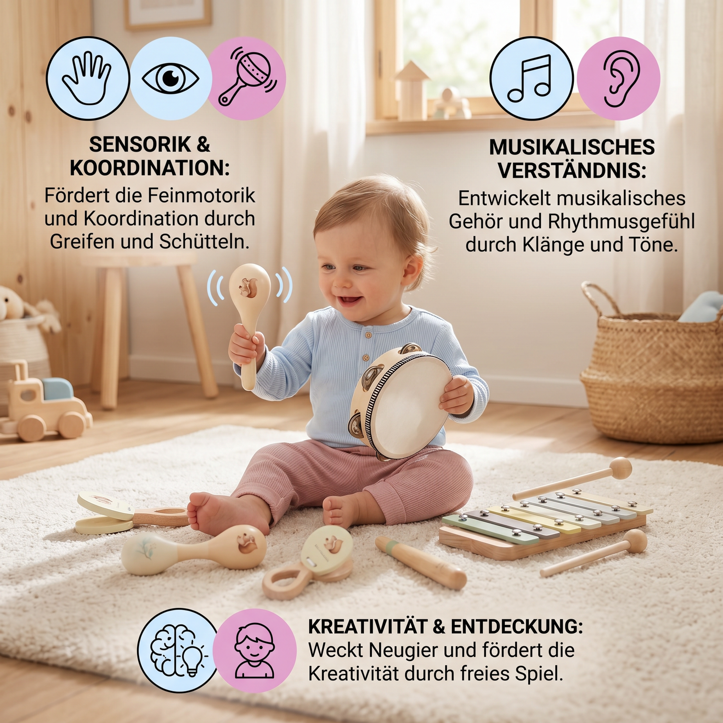 Montessori Holz-Musikinstrumente Set für Babys - Sensorisches & Musikalisches Lernspielzeug