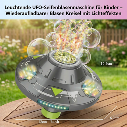 Leuchtende UFO-Seifenblasenmaschine für Kinder – Wiederaufladbarer Blasen Kreisel mit Lichteffekten