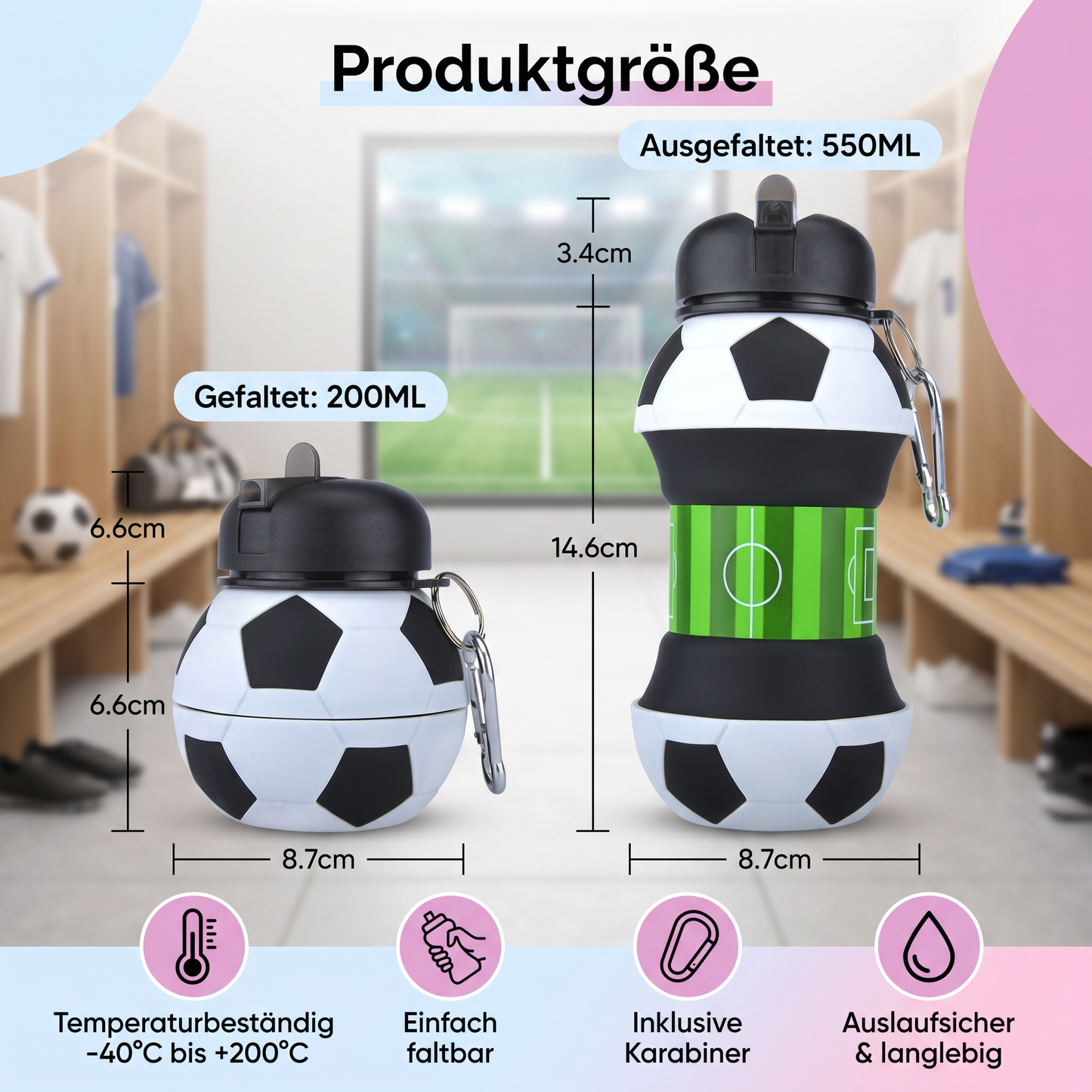Faltbare und strapazierfähige Fußball-Trinkflasche aus Silikon