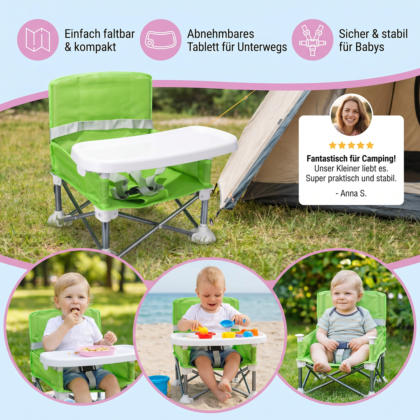 Faltbarer Baby Campingstuhl mit Tablett für Unterwegs