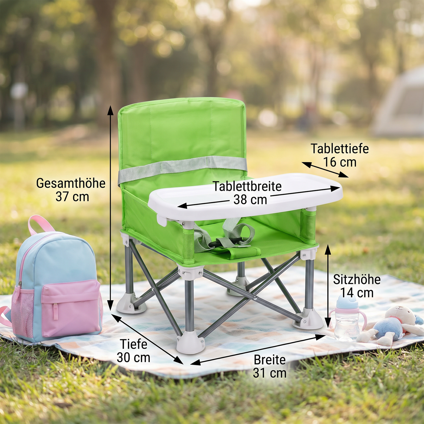Faltbarer Baby Campingstuhl mit Tablett für Unterwegs