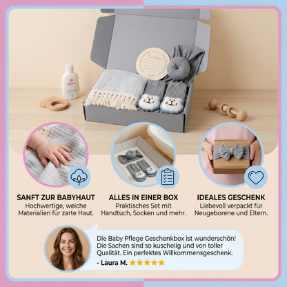Baby Pflege Geschenkbox – Handtuch, Socken oder Haarband & Badebürste für Neugeborene