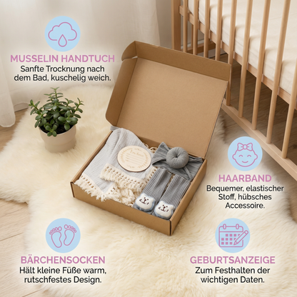 Baby Pflege Geschenkbox – Handtuch, Socken oder Haarband & Badebürste für Neugeborene